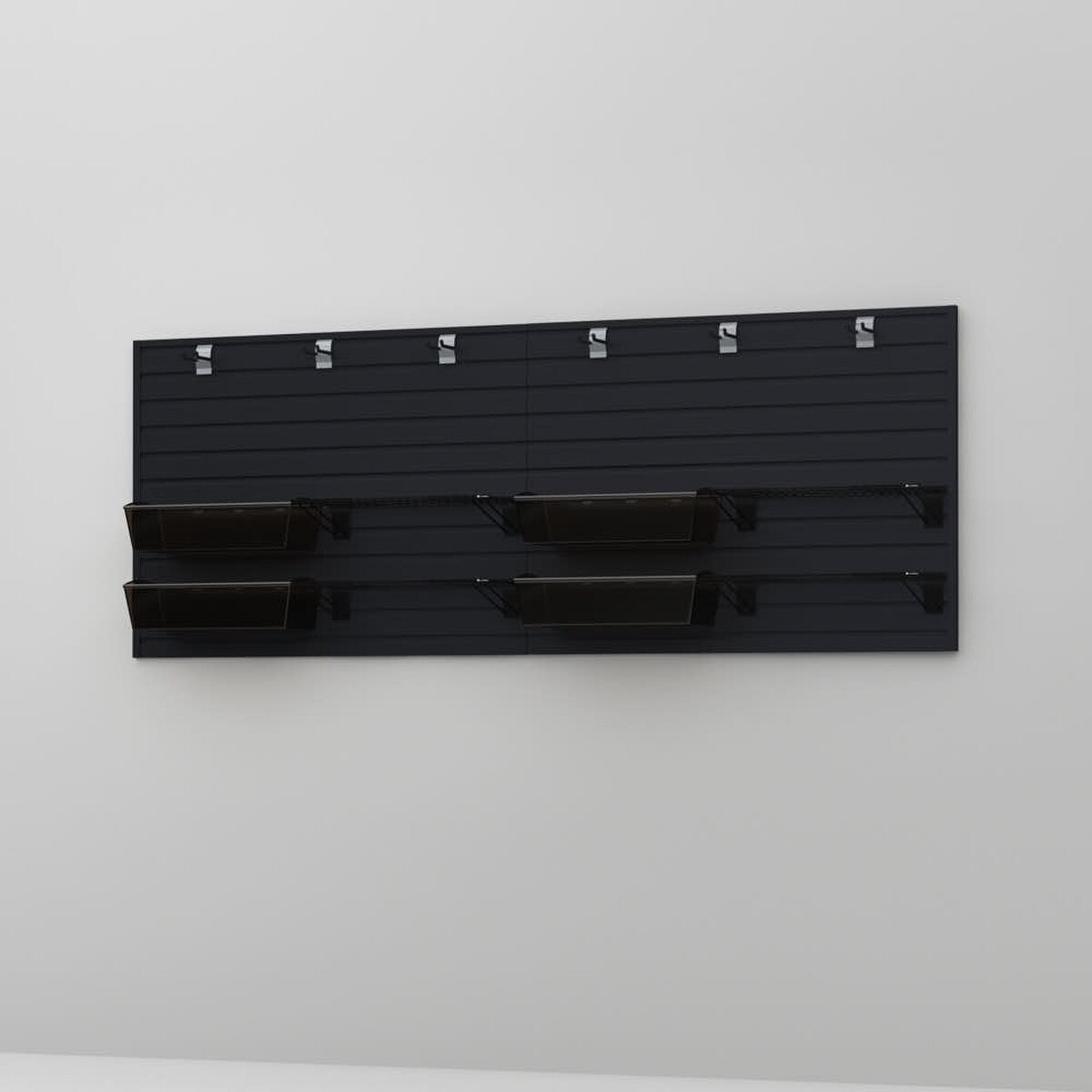 15 Piece Slatwall Panel, Shelf, Jumbo Bin & Hook Storage Set - Black Slatwall