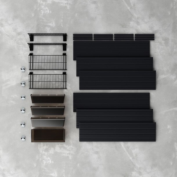 15 Piece Slatwall Panel, Shelf, Jumbo Bin & Hook Storage Set - Black Slatwall