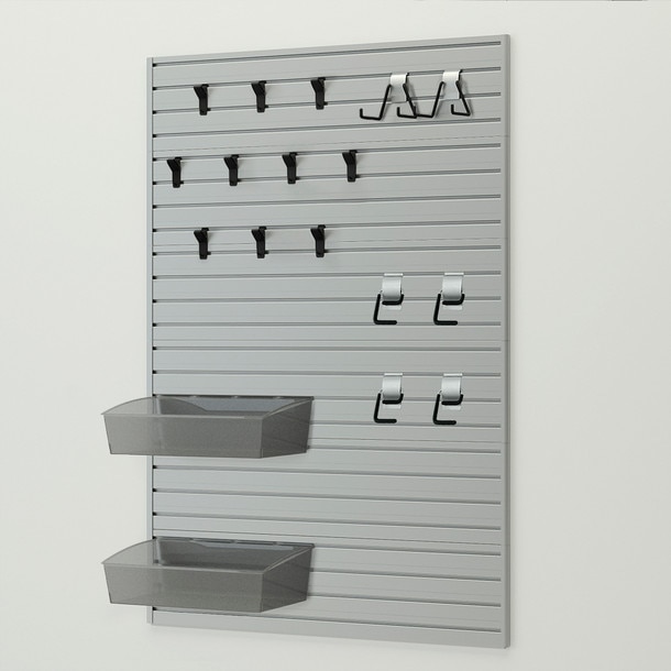 19 Piece Slatwall Panel, Bin, Hook Storage Set - Silver Slatwall