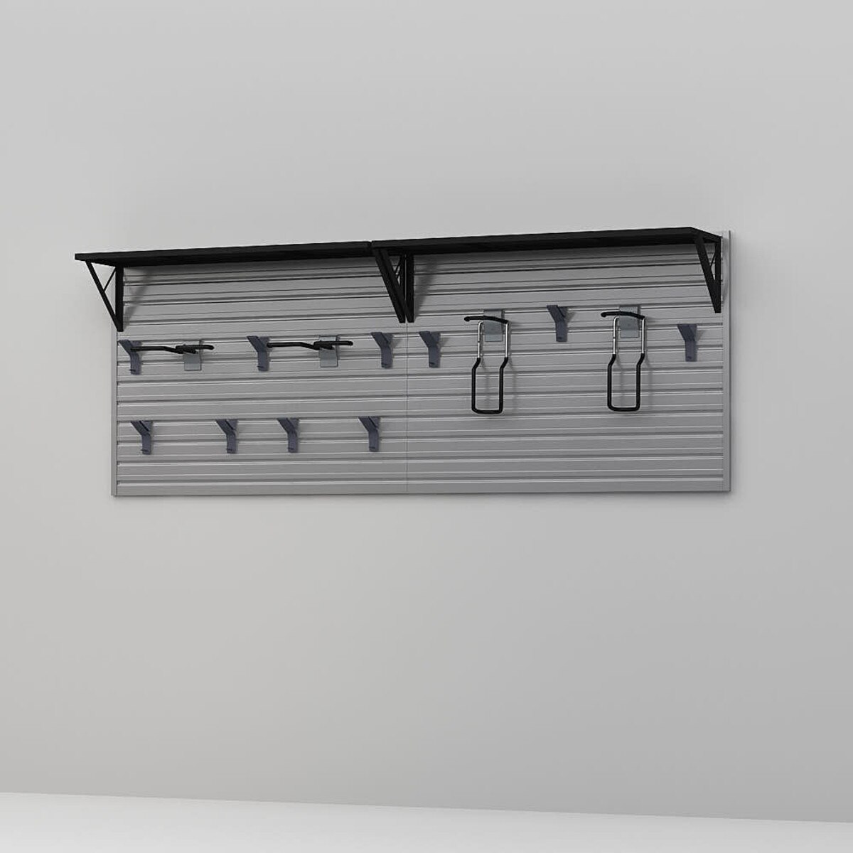 17 Piece Slatwall Panel, Heavy Duty Shelf, Sports Hook Storage Set - Silver Slatwall