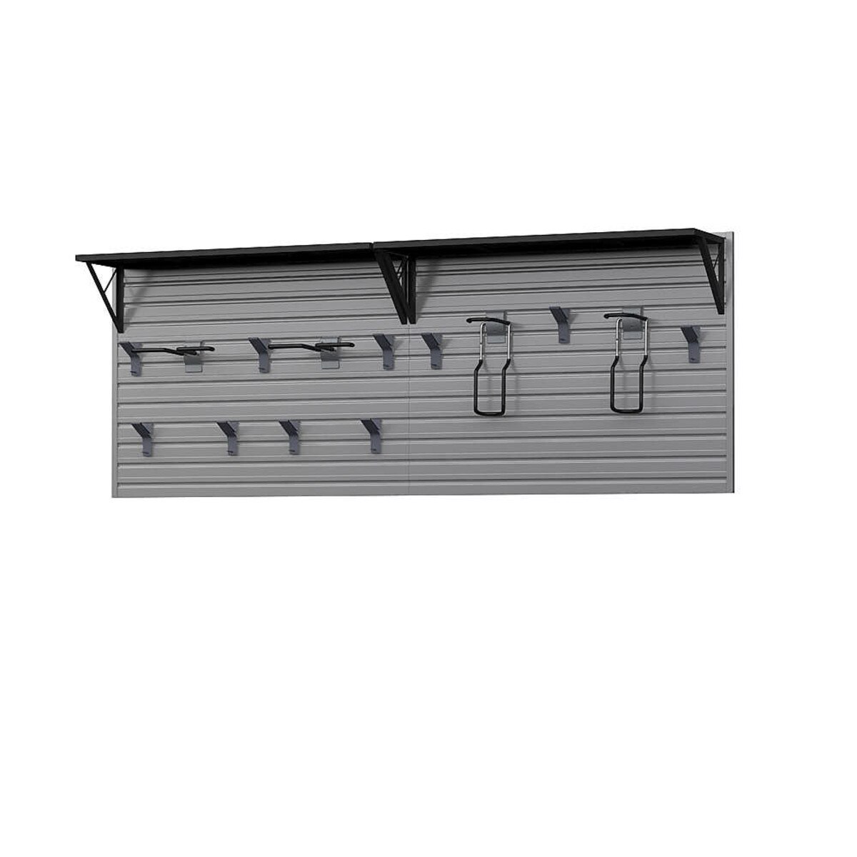 17 Piece Slatwall Panel, Heavy Duty Shelf, Sports Hook Storage Set - Silver Slatwall