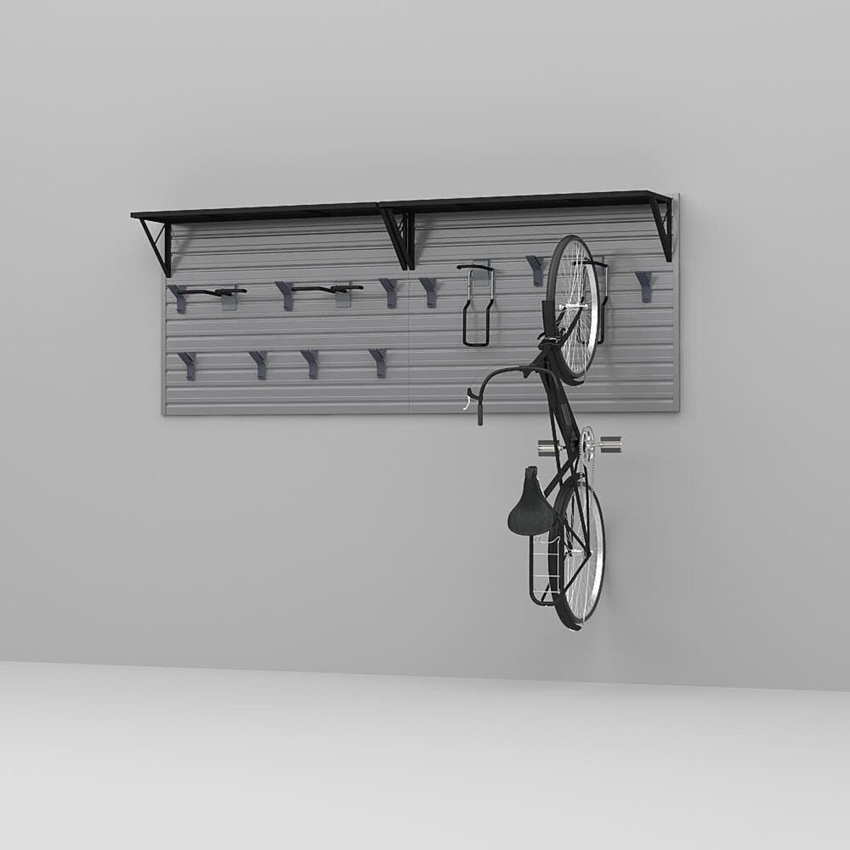 17 Piece Slatwall Panel, Heavy Duty Shelf, Sports Hook Storage Set - Silver Slatwall