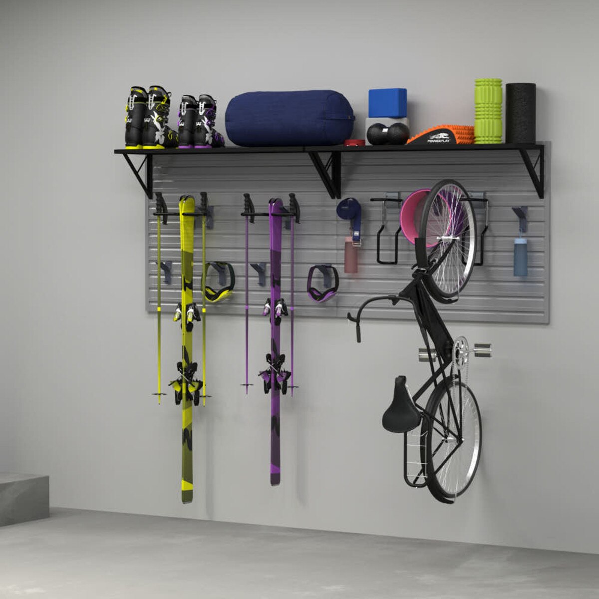 17 Piece Slatwall Panel, Heavy Duty Shelf, Sports Hook Storage Set - Silver Slatwall