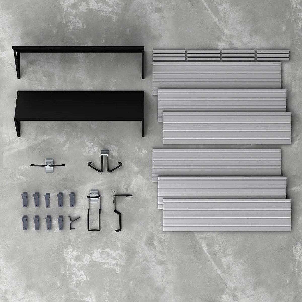 17 Piece Slatwall Panel, Heavy Duty Shelf, Sports Hook Storage Set - Silver Slatwall