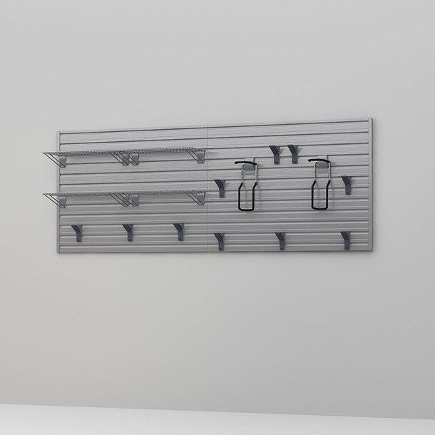 17 Piece Slatwall Panel, Shelf & Bike Hook Storage Set - Silver Slatwall
