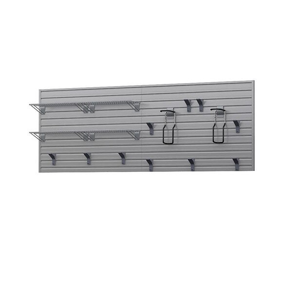 17 Piece Slatwall Panel, Shelf & Bike Hook Storage Set - Silver Slatwall