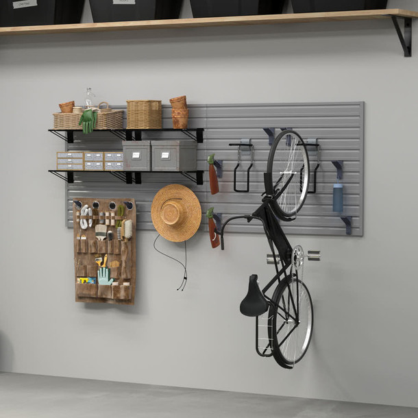 17 Piece Slatwall Panel, Shelf & Bike Hook Storage Set - Silver Slatwall