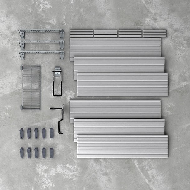 17 Piece Slatwall Panel, Shelf & Bike Hook Storage Set - Silver Slatwall