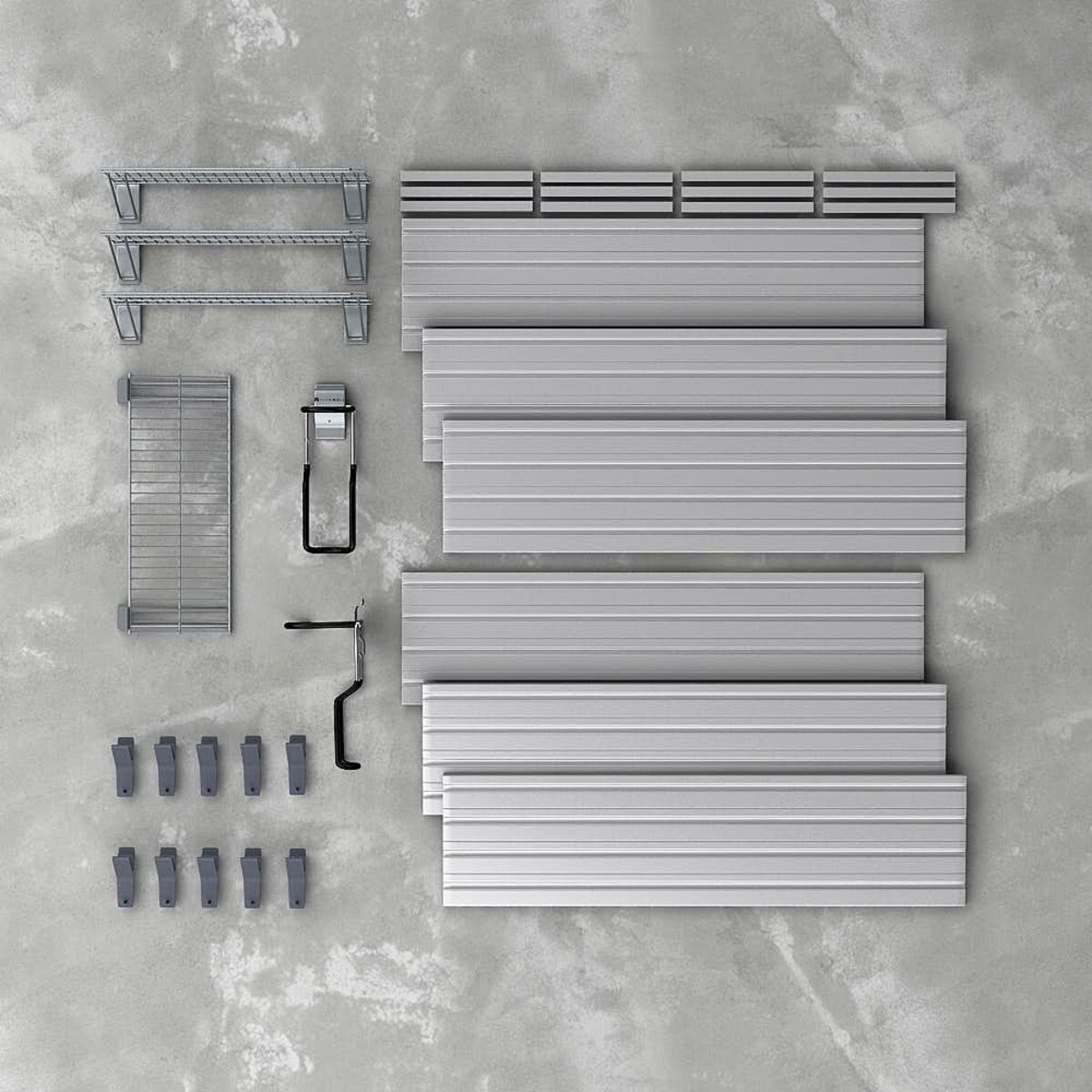 17 Piece Slatwall Panel, Shelf & Bike Hook Storage Set - Silver Slatwall