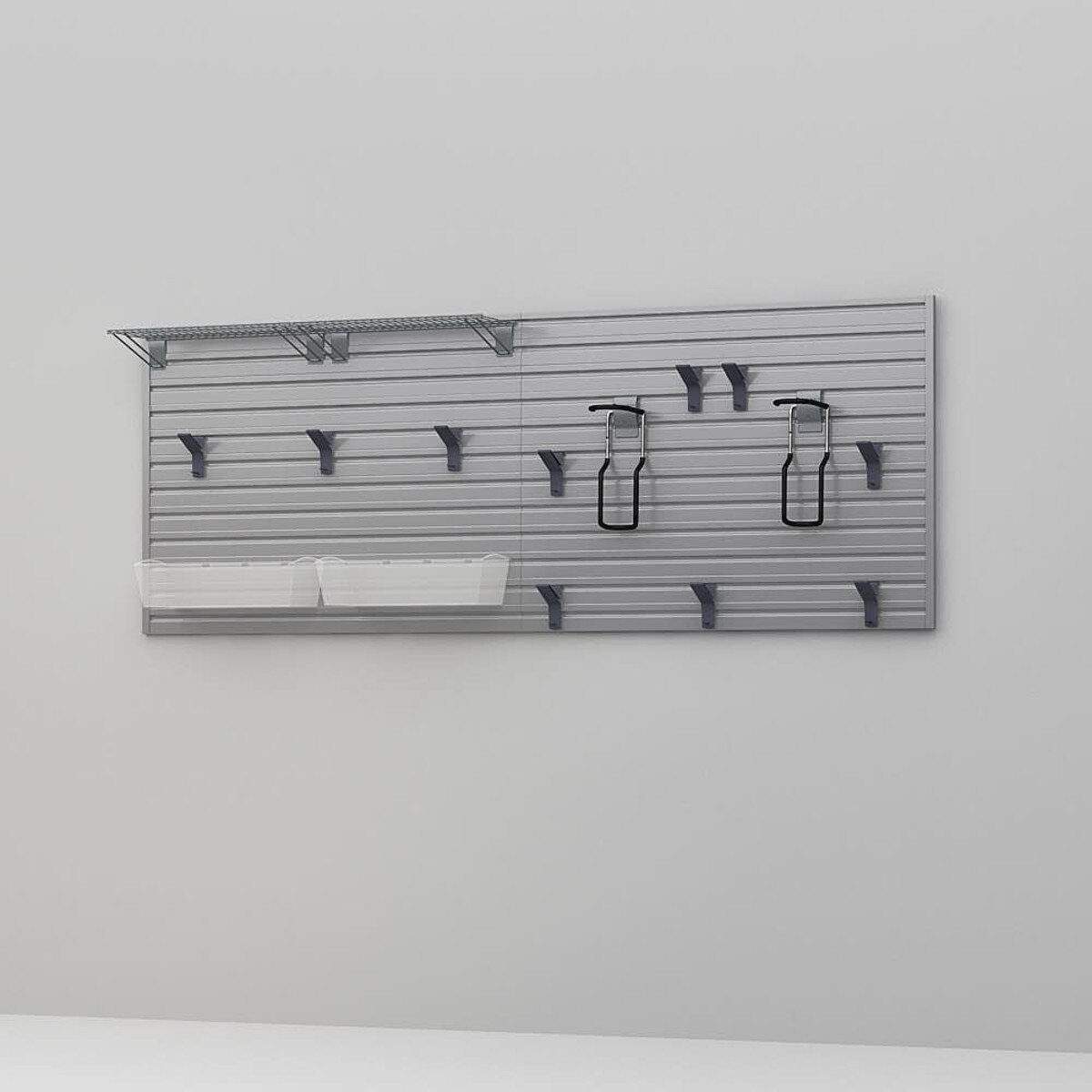 17 Piece Slatwall Panel, Shelf, Bin & Bike Hook Storage Set - Silver Slatwall