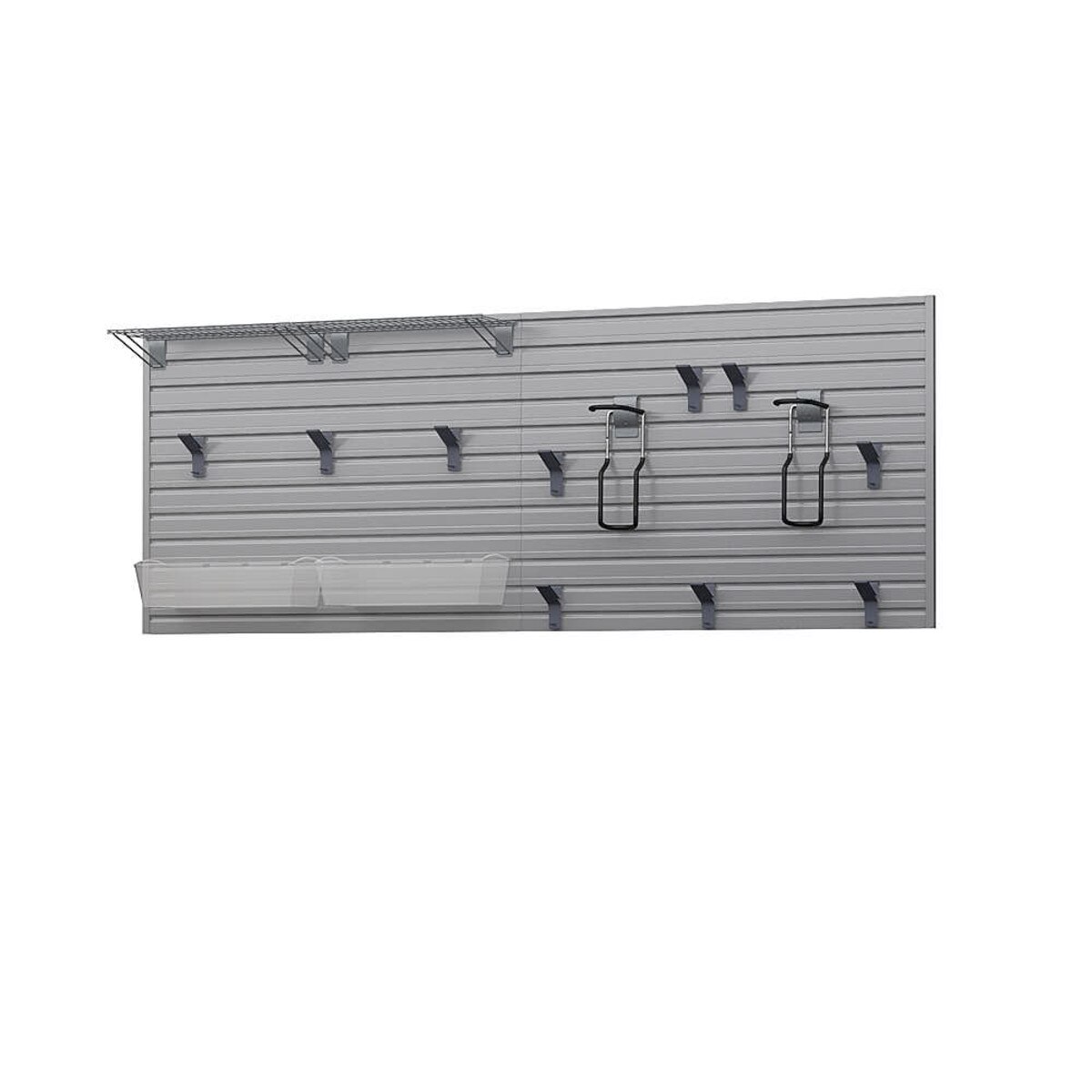 17 Piece Slatwall Panel, Shelf, Bin & Bike Hook Storage Set - Silver Slatwall