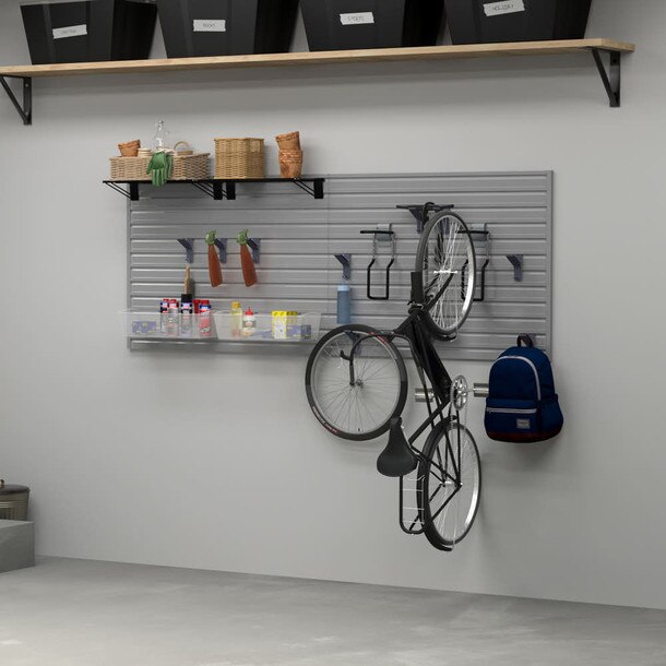 17 Piece Slatwall Panel, Shelf, Bin & Bike Hook Storage Set - Silver Slatwall