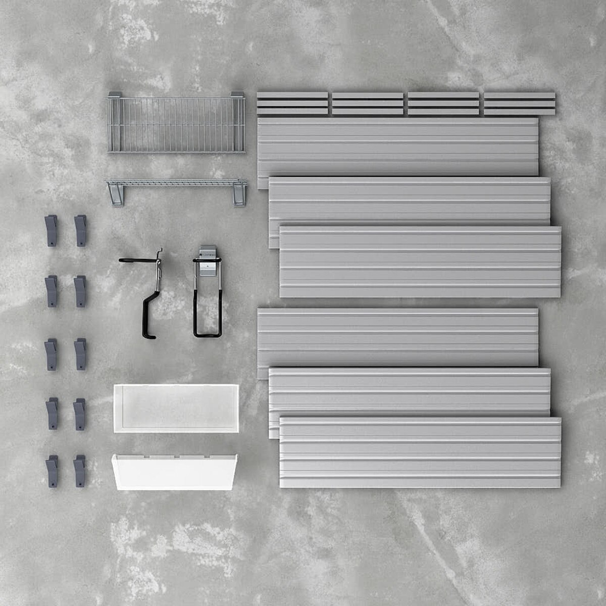 17 Piece Slatwall Panel, Shelf, Bin & Bike Hook Storage Set - Silver Slatwall