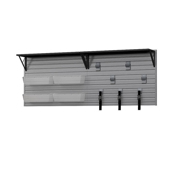 14 Piece Slatwall Panel, Heavy Duty Shelf, Bin, Hook Storage Set - Silver Slatwall