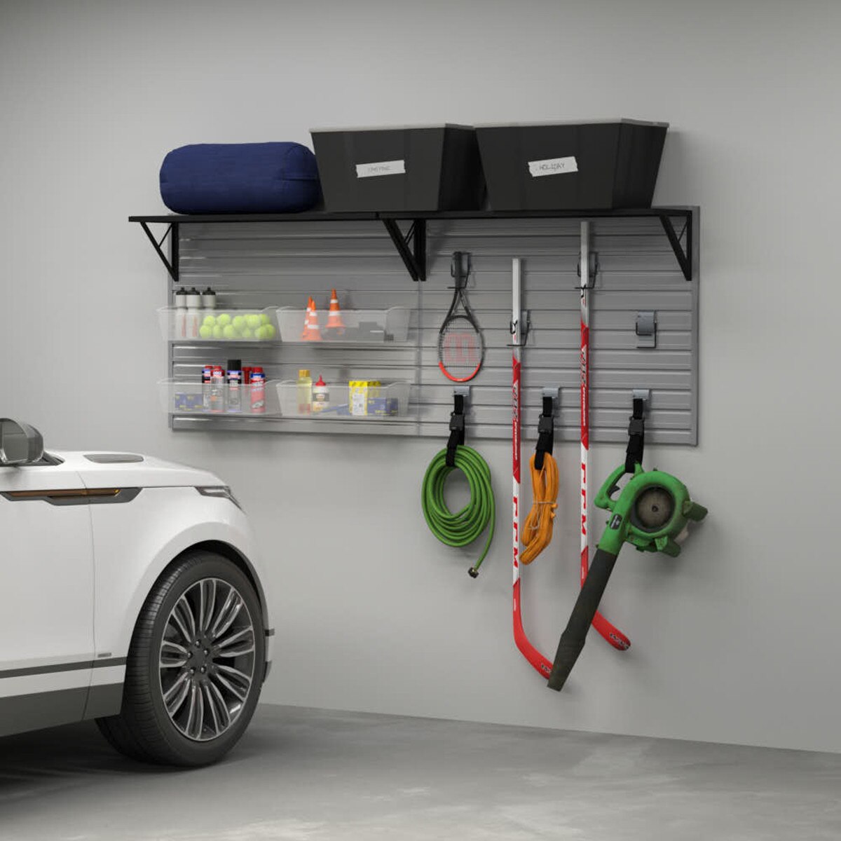 14 Piece Slatwall Panel, Heavy Duty Shelf, Bin, Hook Storage Set - Silver Slatwall