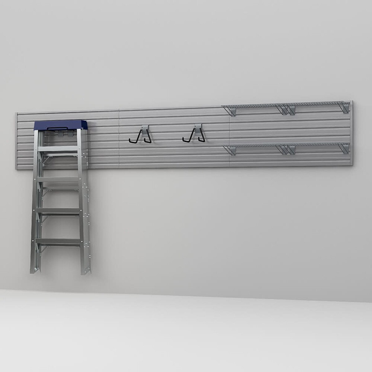 8 Piece Slatwall Panel, Shelf & Hook Storage Set - Silver Slatwall