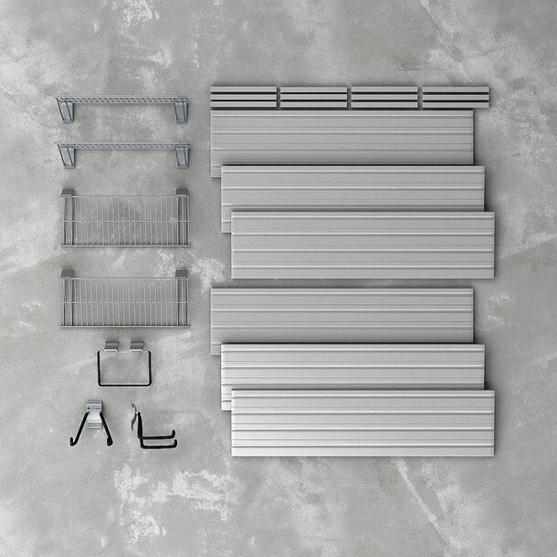 8 Piece Slatwall Panel, Shelf & Hook Storage Set - Silver Slatwall