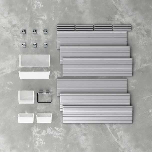 13 Piece Slatwall Panel, Bin & Hook Storage Set - Silver Slatwall