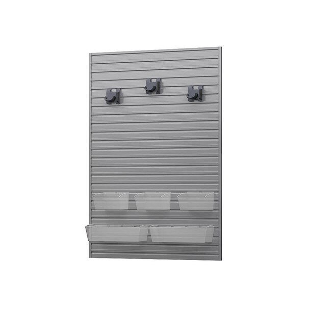 9 Piece Slatwall Panel, Bin & Hook Storage Set - Silver Slatwall