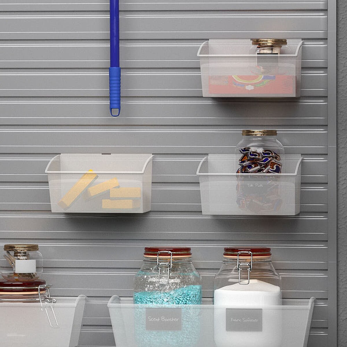 9 Piece Slatwall Panel, Bin & Hook Storage Set - Silver Slatwall