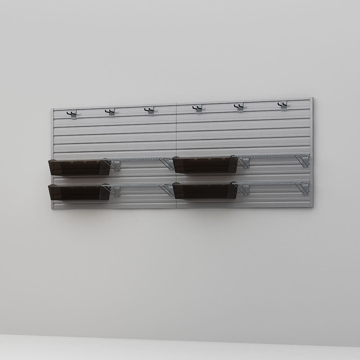 15 Piece Slatwall Panel, Shelf, Jumbo Bin & Hook Storage Set - Silver Slatwall