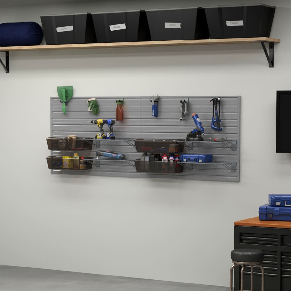 15 Piece Slatwall Panel, Shelf, Jumbo Bin & Hook Storage Set - Silver Slatwall