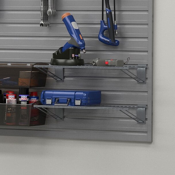 15 Piece Slatwall Panel, Shelf, Jumbo Bin & Hook Storage Set - Silver Slatwall