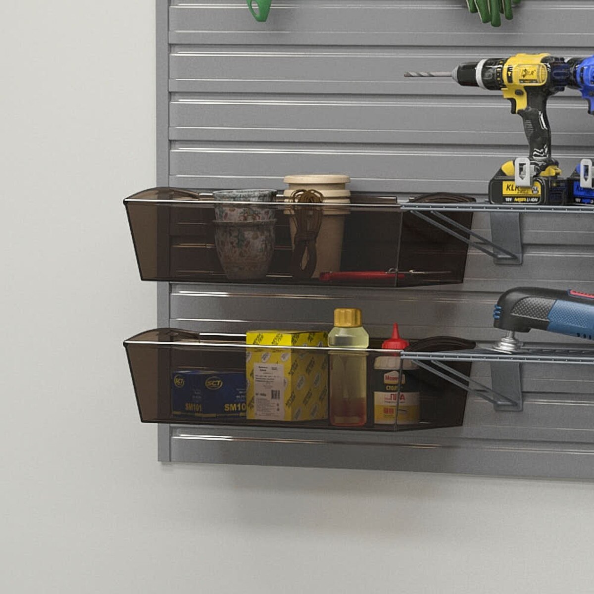 15 Piece Slatwall Panel, Shelf, Jumbo Bin & Hook Storage Set - Silver Slatwall