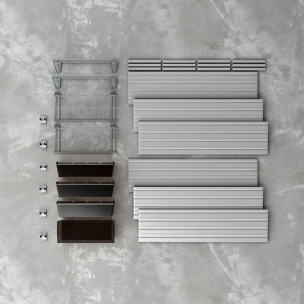 15 Piece Slatwall Panel, Shelf, Jumbo Bin & Hook Storage Set - Silver Slatwall