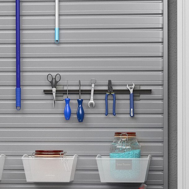 10 Piece Slatwall Panel, Bin & Hook Storage Set - Silver Slatwall