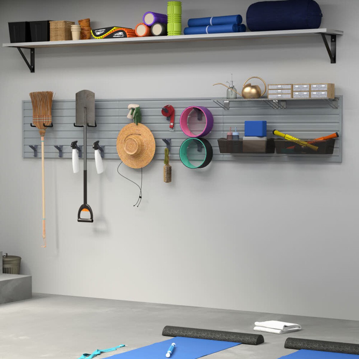 17 Piece Slatwall Panel, Shelf, Jumbo Bin & Hook Storage Set - Silver Slatwall