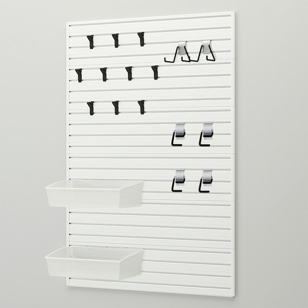 19 Piece Slatwall Panel, Bin, Hook Storage Set - White Slatwall