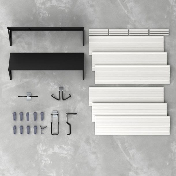 17 Piece Slatwall Panel, Heavy Duty Shelf, Sports Hook Storage Set - White Slatwall
