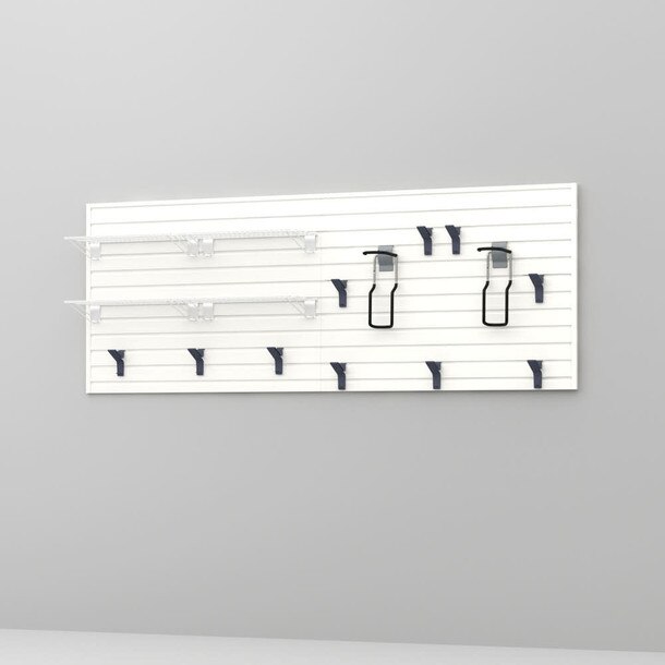 17 Piece Slatwall Panel, Shelf & Bike Hook Storage Set - White Slatwall