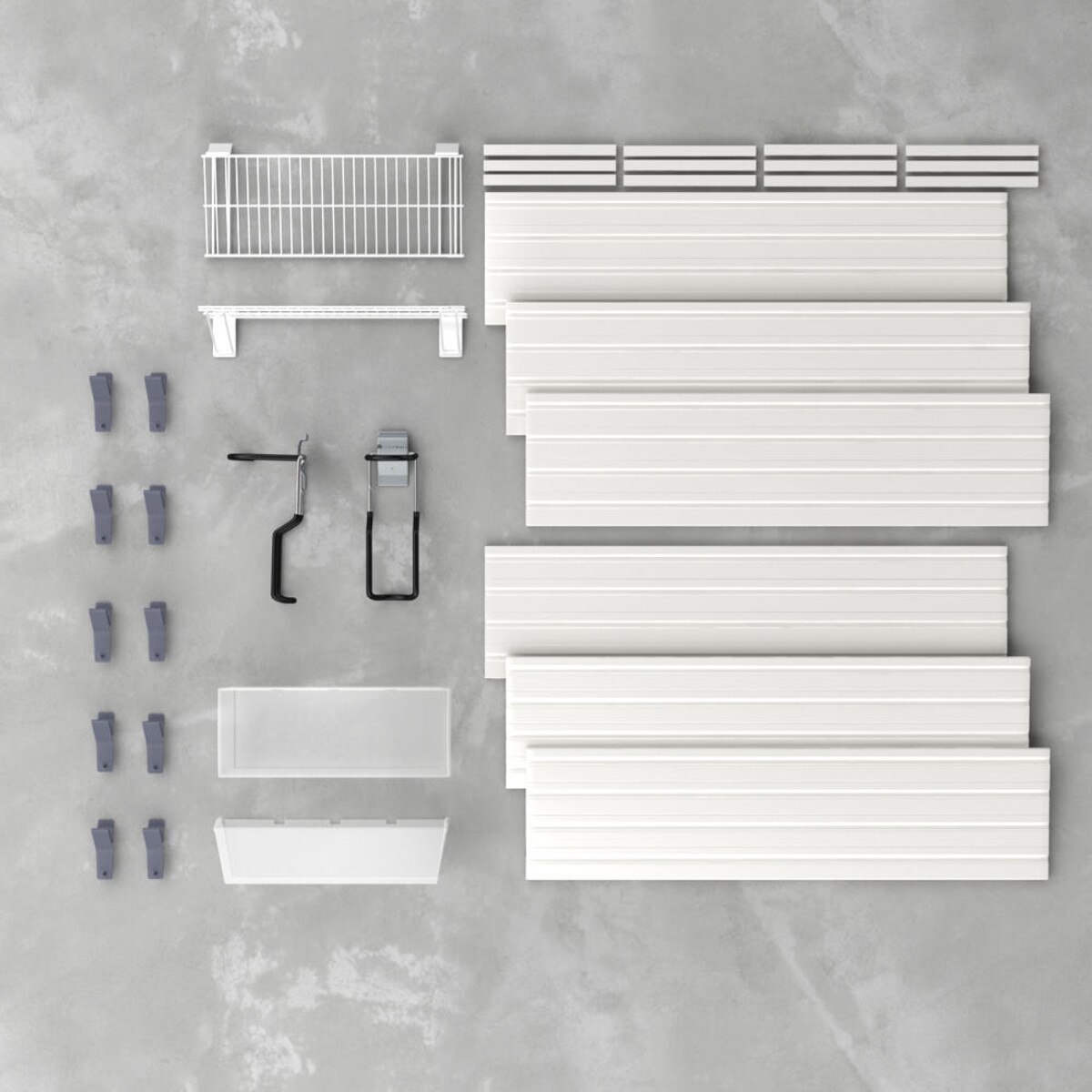 17 Piece Slatwall Panel, Shelf & Bike Hook Storage Set - White Slatwall