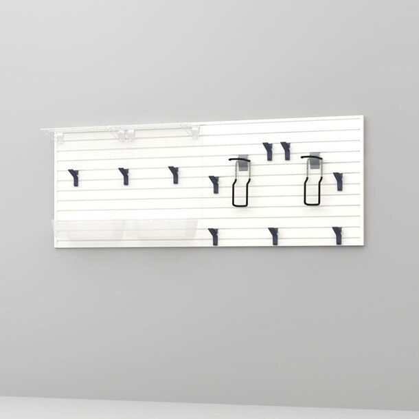 17 Piece Slatwall Panel, Shelf, Bin & Bike Hook Storage Set - White Slatwall