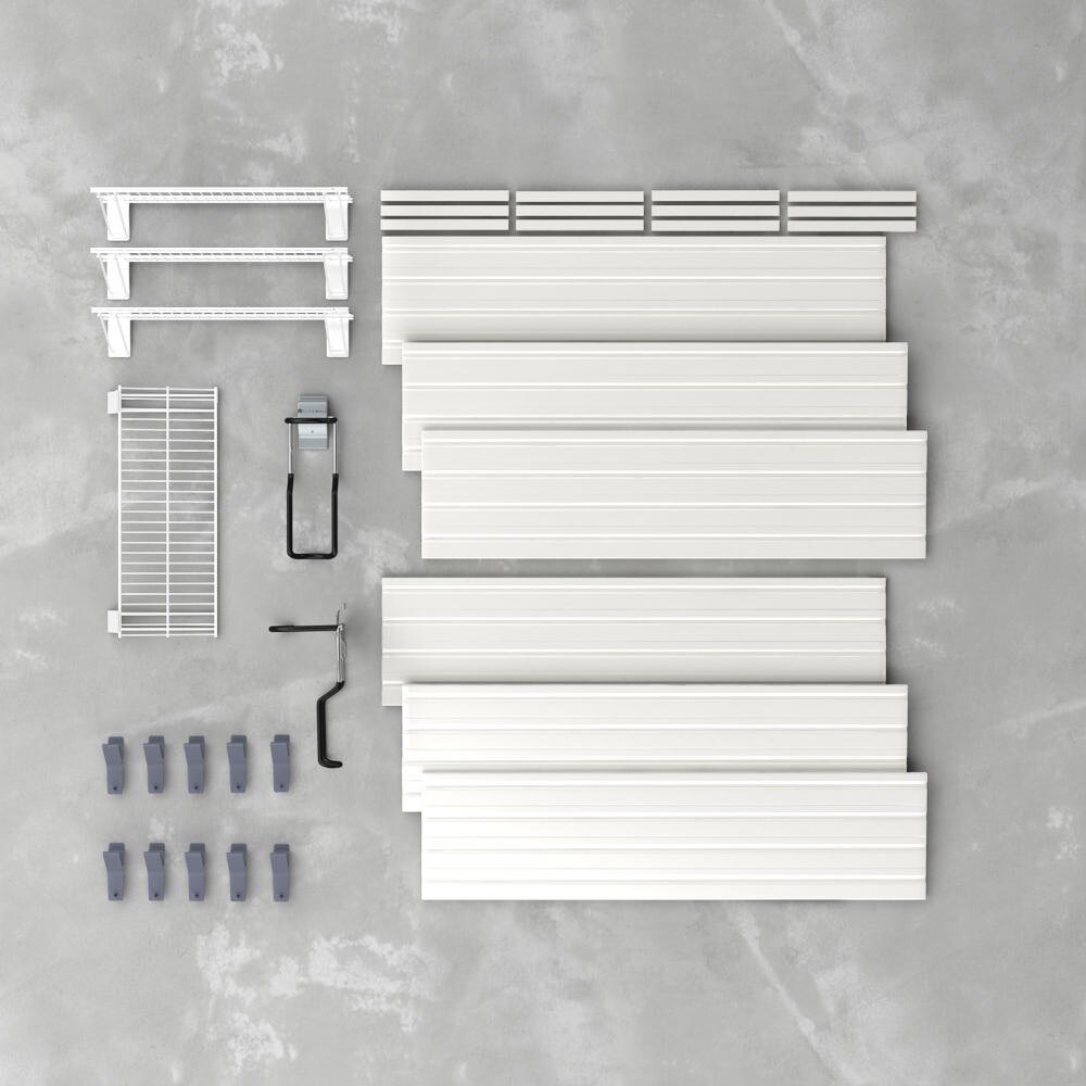 17 Piece Slatwall Panel, Shelf, Bin, Bike Hook Storage Set - White