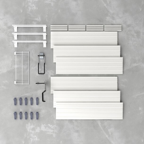 17 Piece Slatwall Panel, Shelf, Bin & Bike Hook Storage Set - White Slatwall