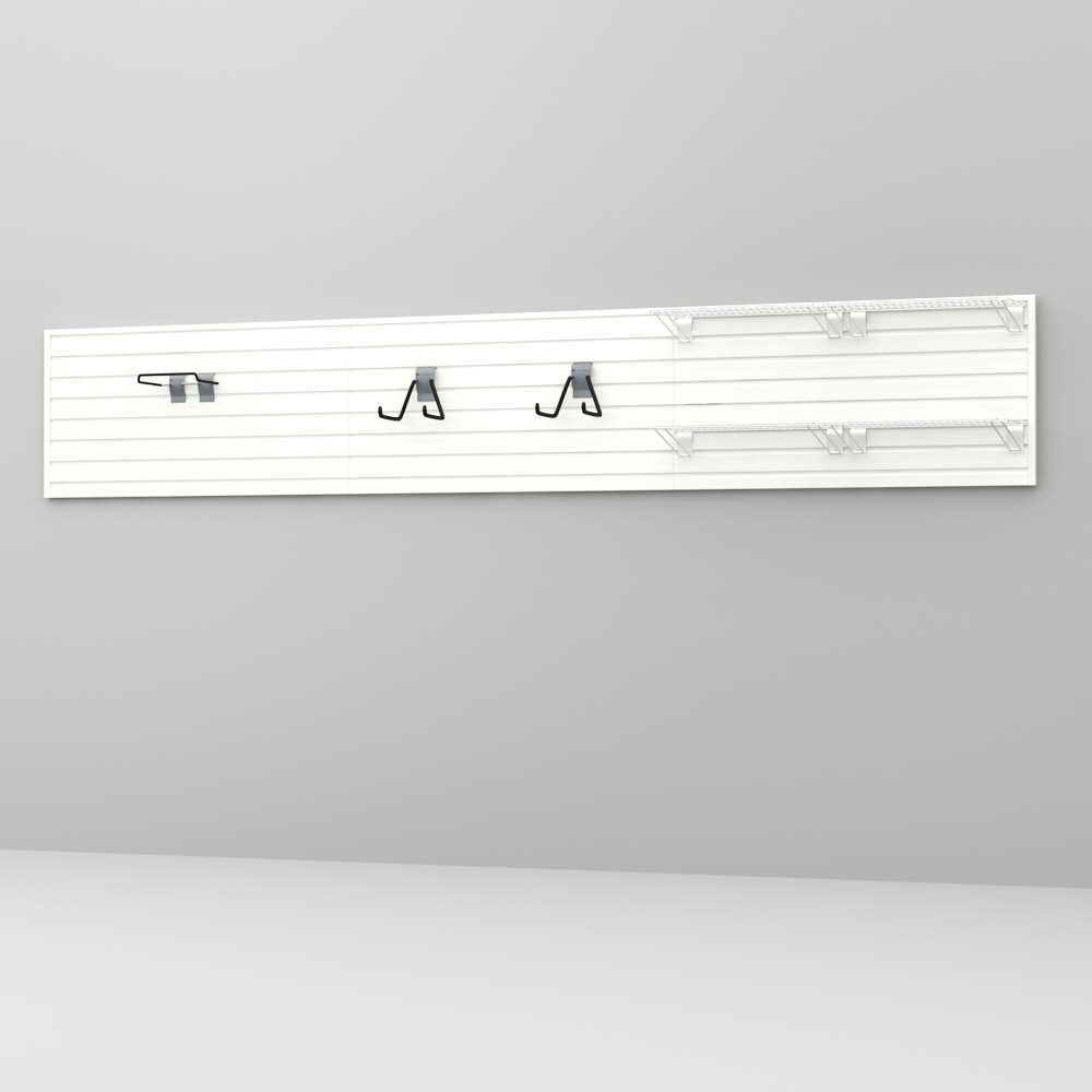 8 Piece Slatwall Panel; Shelf & Hook Storage Set - White Slatwall