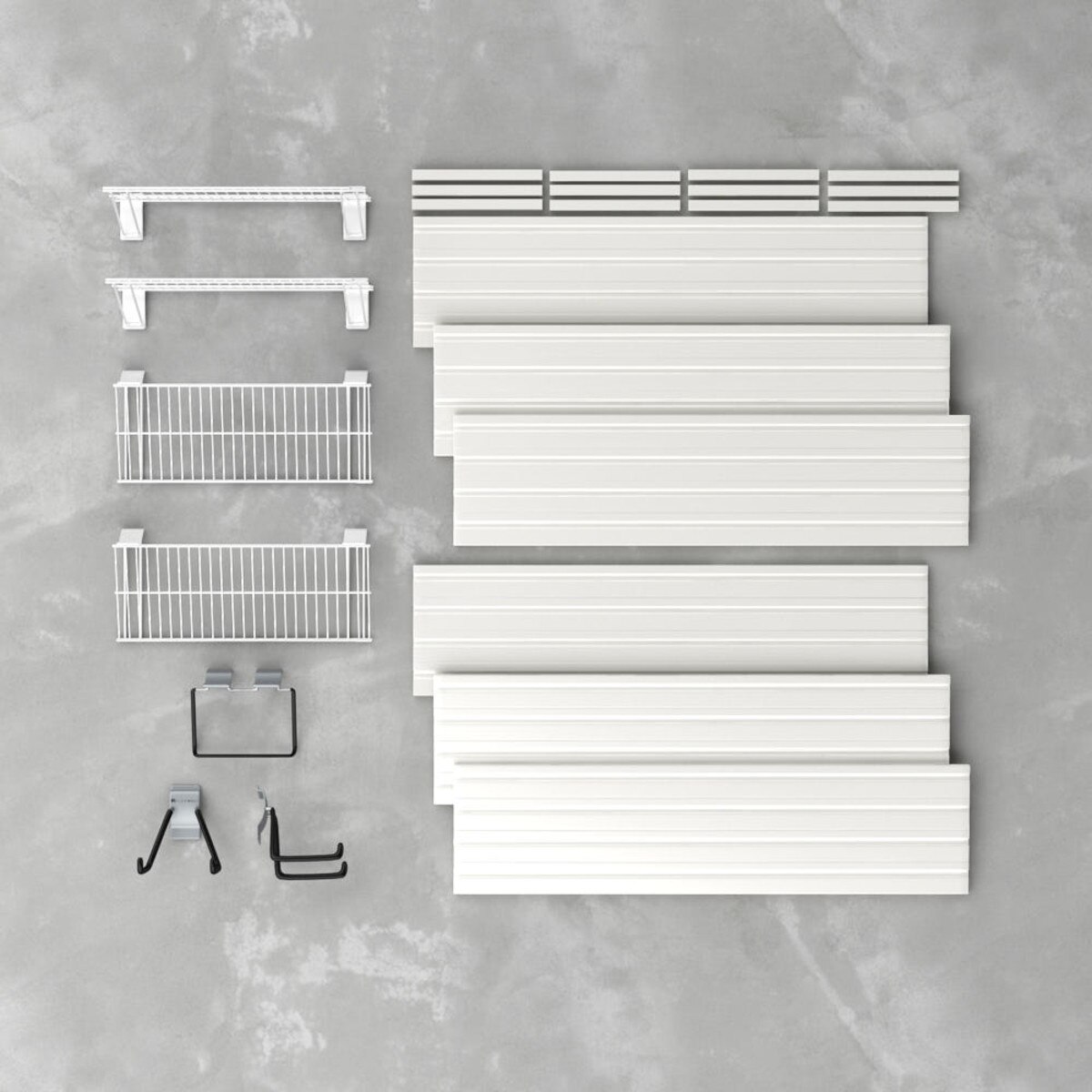 8 Piece Slatwall Panel, Shelf & Hook Storage Set - White Slatwall