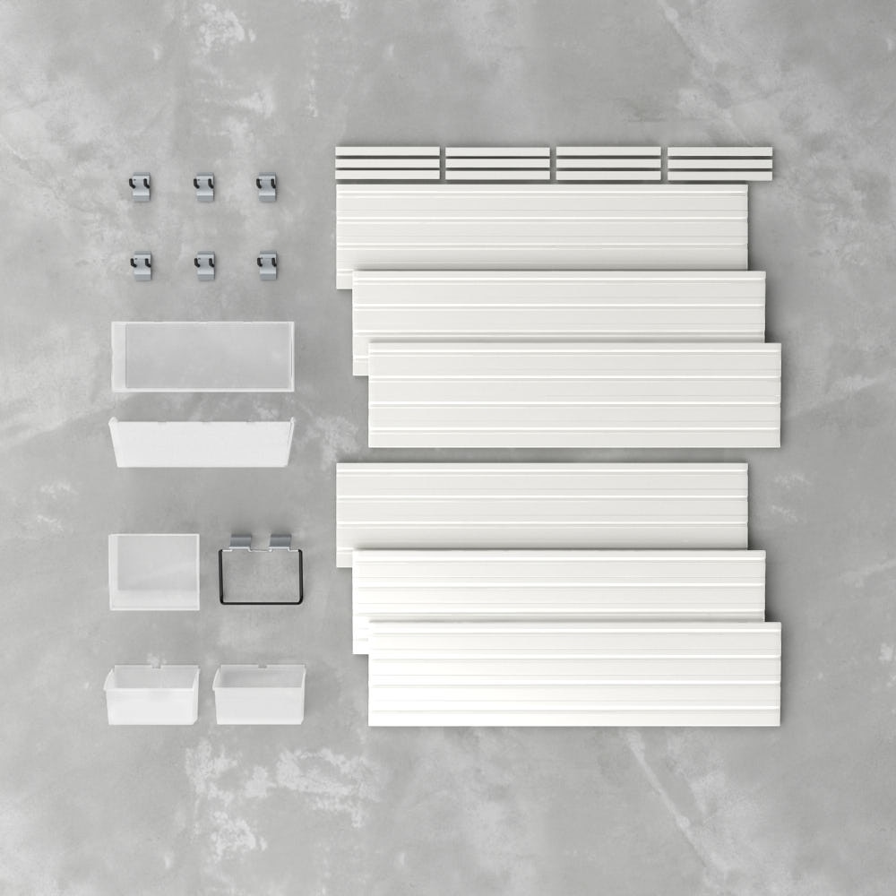 13 Piece Slatwall Panel, Bin, Hook Storage Set - White Slatwall