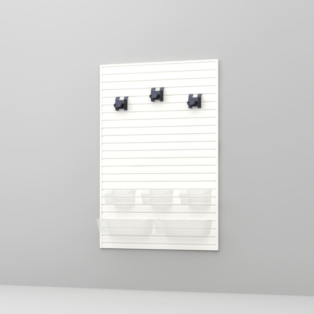 9 Piece Slatwall Panel; Bin & Hook Storage Set - White Slatwall