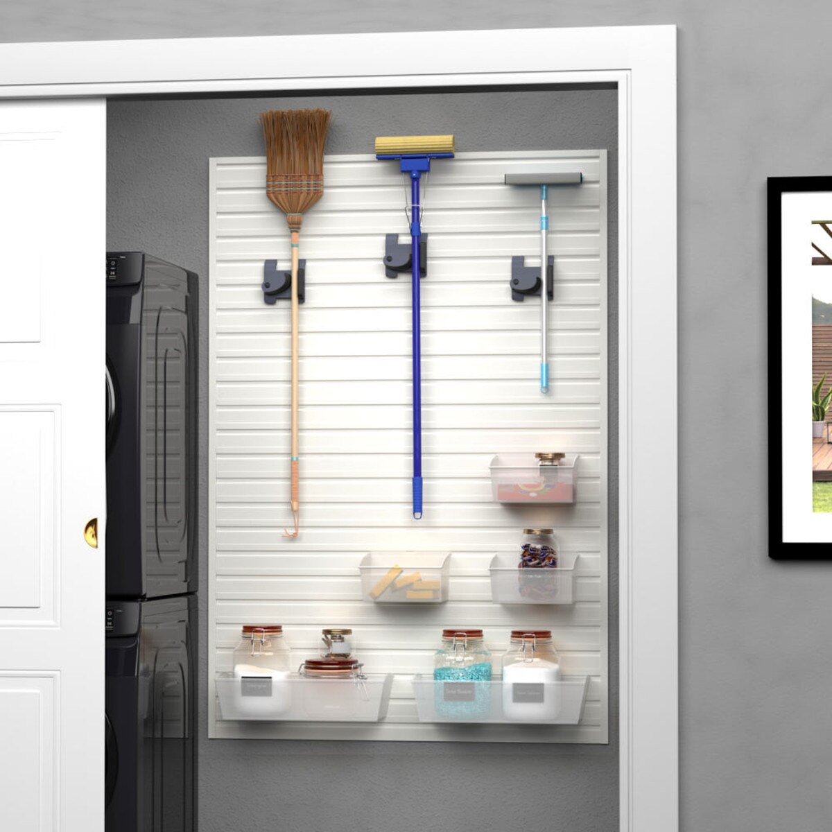 9 Piece Slatwall Panel, Bin & Hook Storage Set - White Slatwall