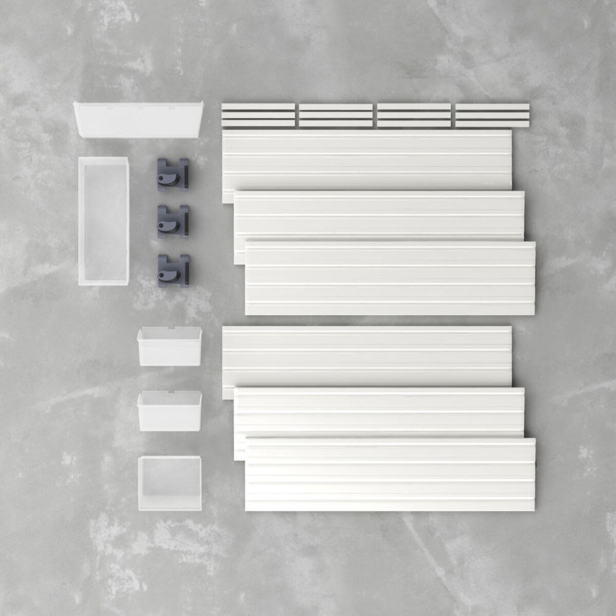 9 Piece Slatwall Panel, Bin & Hook Storage Set - White Slatwall