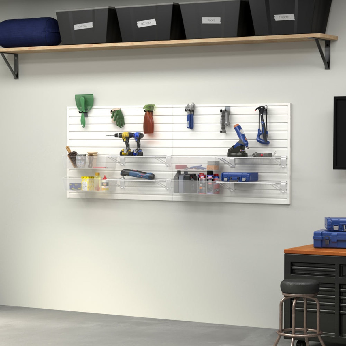 15 Piece Slatwall Panel, Shelf, Jumbo Bin & Hook Storage Set - White Slatwall