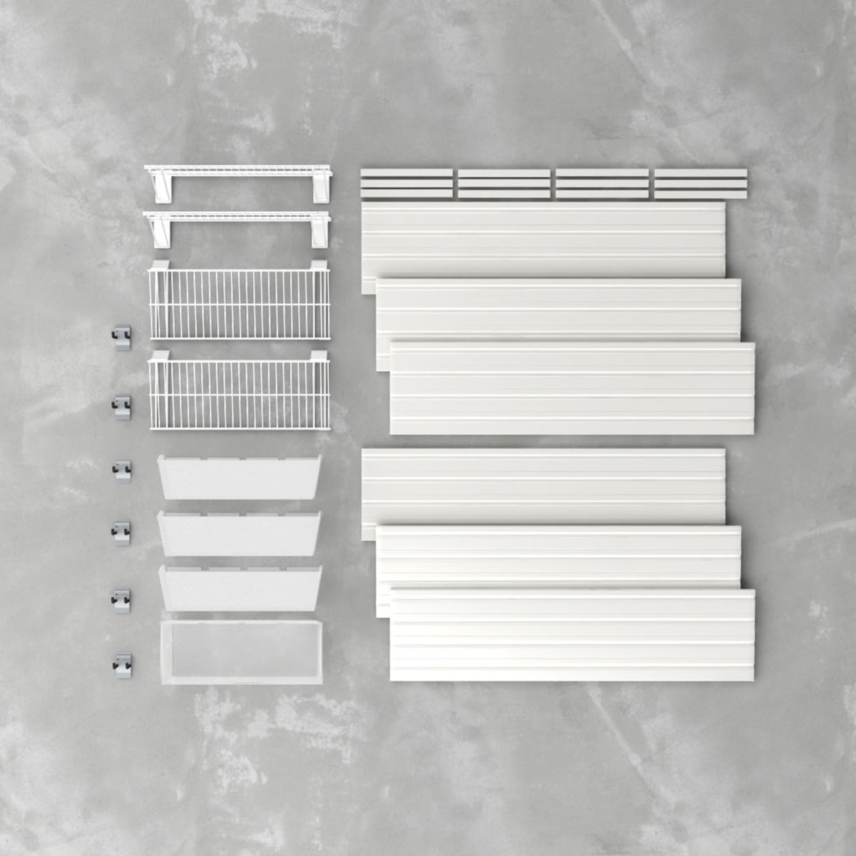 15 Piece Slatwall Panel, Shelf, Jumbo Bin & Hook Storage Set - White Slatwall