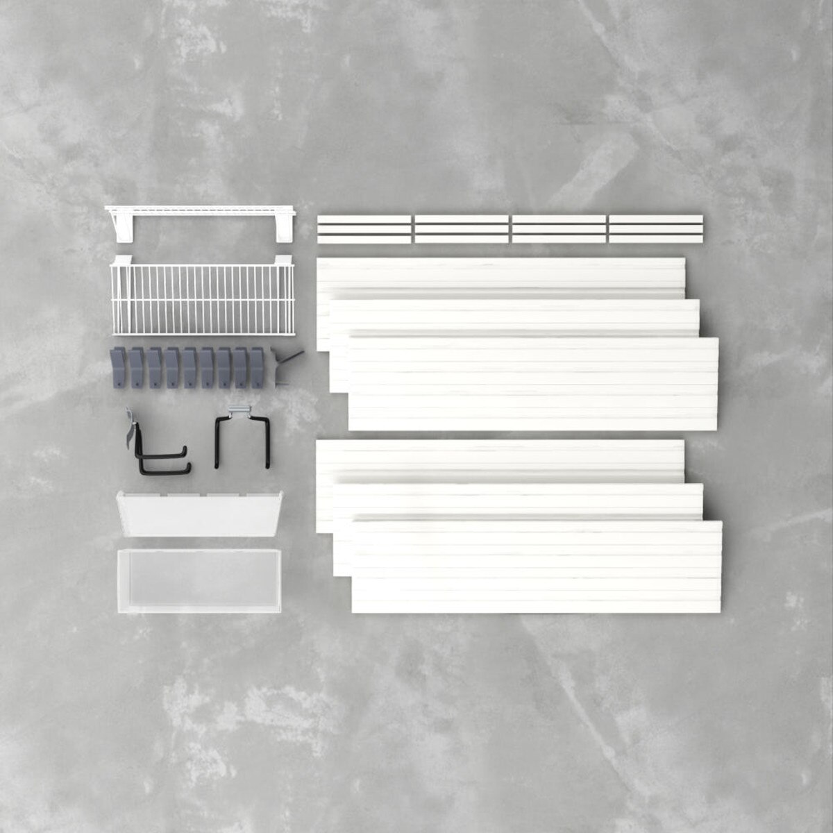 17 Piece Slatwall Panel, Shelf, Jumbo Bin & Hook Storage Set - White Slatwall