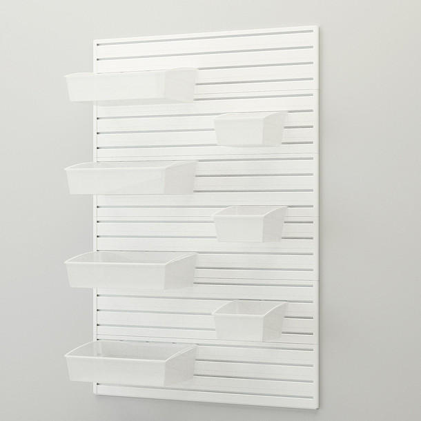 8 Piece Slatwall Panel, Bin Storage Set - White Slatwall