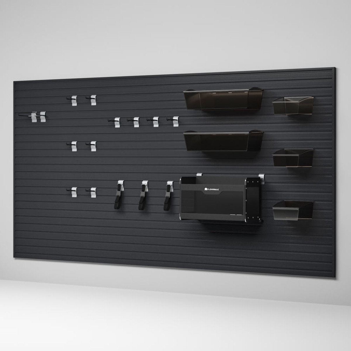 21 Piece Slatwall Panel, Hook & Bin Storage Set - Black Slatwall