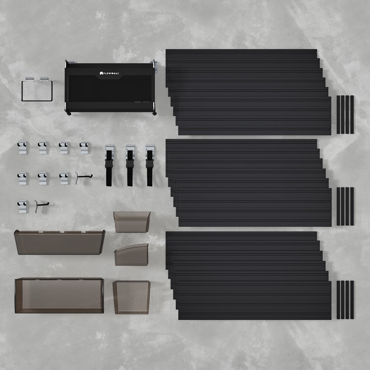 21 Piece Slatwall Panel, Hook & Bin Storage Set - Black Slatwall